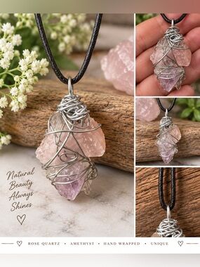 Handmade Rose Quartz Amethyst Raw Crystal Wire Wrapped Pendant Necklace